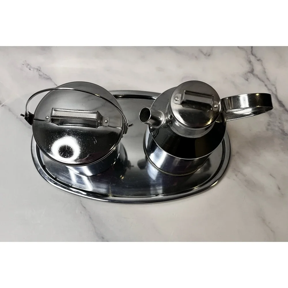 Vintage Japan Stainless Mini Set w/Tray Milk Jug Creamer & Milk Bucket Sugar